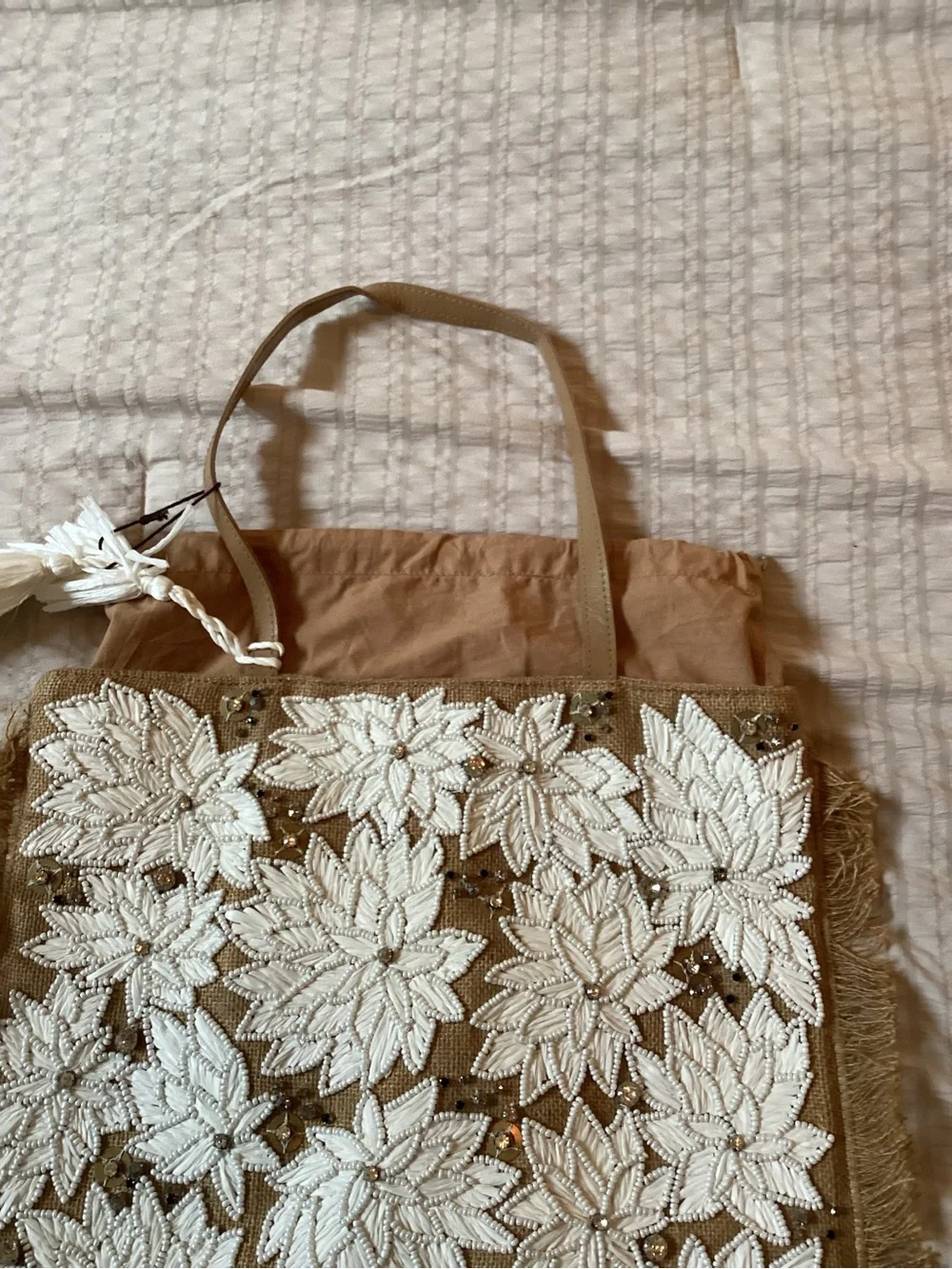 ANTHROPOLOGIE IbBan Beige Floral Appliqué Tote with Tassel Accent. NWT